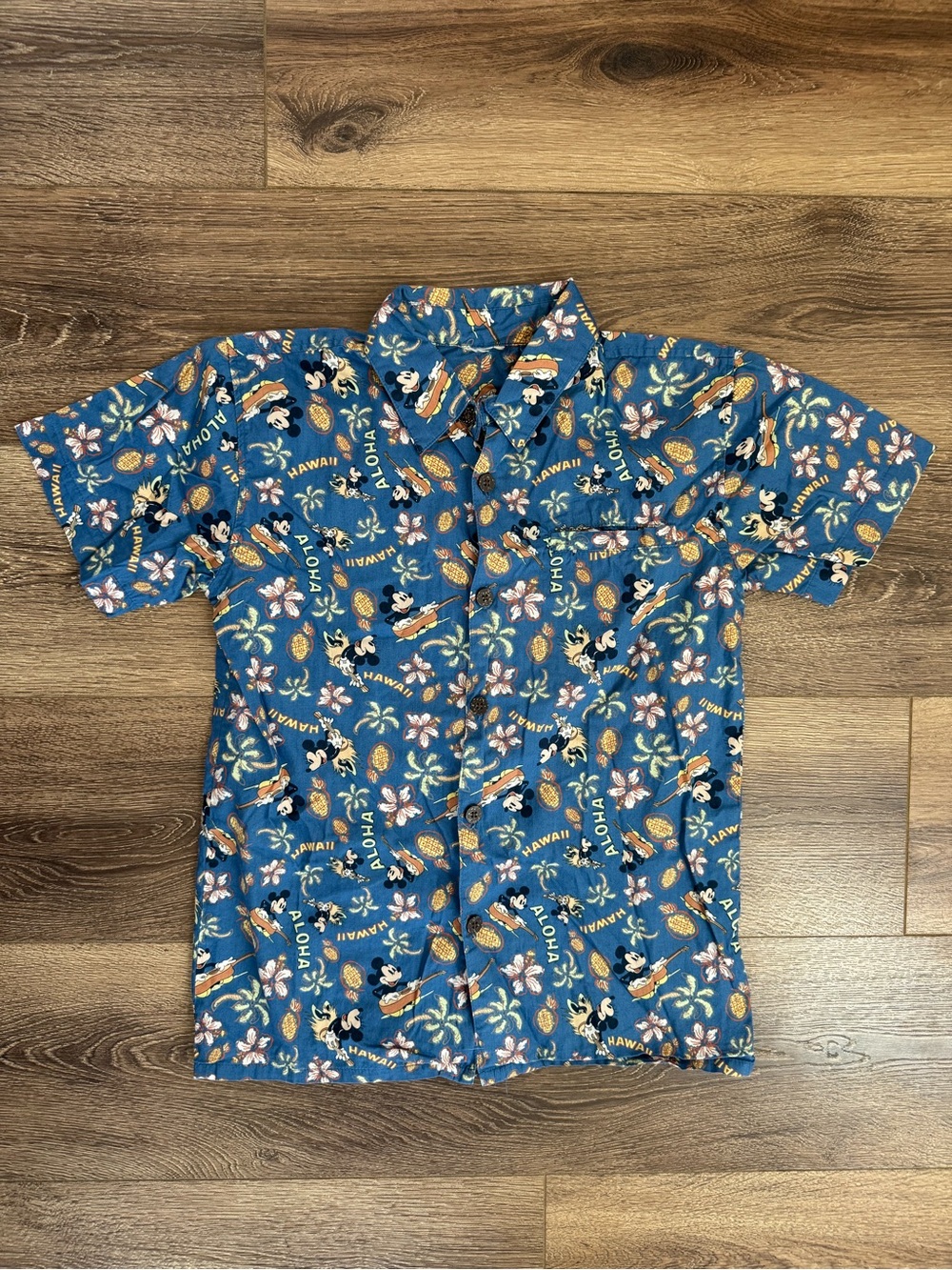 Disney Hawaii Aloha Mickey Mouse Short-Sleeve Button-Down Hawaiian Shirt, Blue